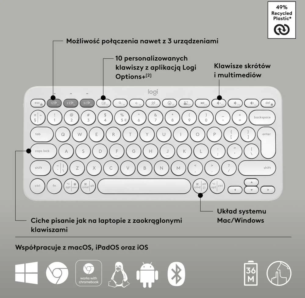 Belaidė klaviatūra Logitech PEBBLE KEYS 2 K380S, Baltos spalvos, Išdėstymas: US tarptautinis (Qwerty)