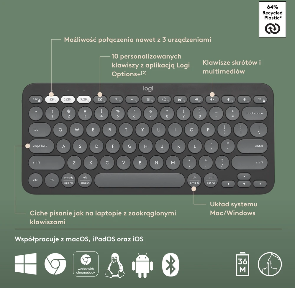 LOGITECH K380S Bluetooth klaviatūra - TONAL GRAPHITE - JAV TARPTAUTINĖ