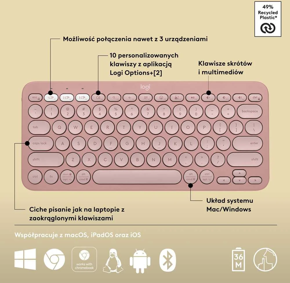 Belaidė klaviatūra Logitech PEBBLE KEYS 2 K380S, Rožinės spalvos, Išdėstymas: US tarptautinis (Qwerty)