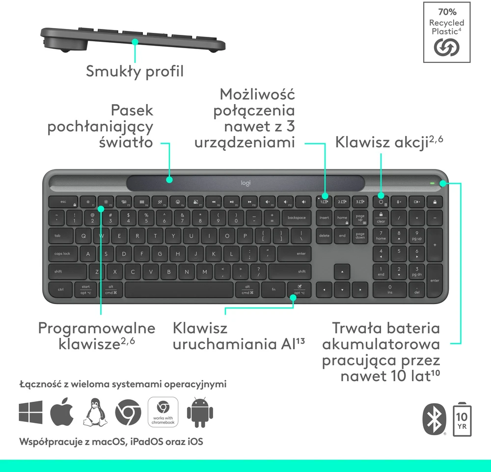 Belaidė klaviatūra Logitech Signature Slim Solar+ K980s, grafito spalvos, 920-013764