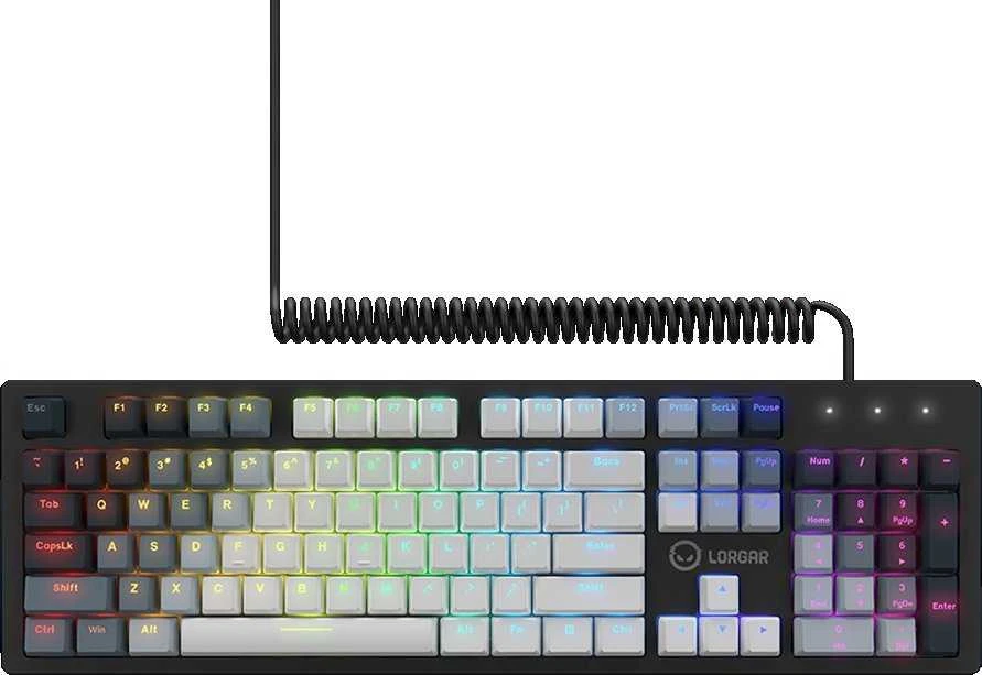 LORGAR Azar 514, Laidinė mechaninė žaidimų klaviatūra, RGB apšvietimas, 1680000 spalvų variacijų, 18 režimų, mygtukų skaičius: 104, 50M paspaudimų, linijiniai sapnų jungikliai, spyruoklinis kabelis iki 3,4m, ABS plastikas+metalas, magnetinis dangtelis, 450*136*39mm, išdėstymas baltas 1.17mm