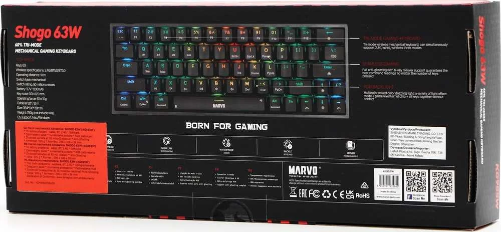 Marvo KG955W Shogo 63W belaidė žaidimų klaviatūra raudoni switchai juoda