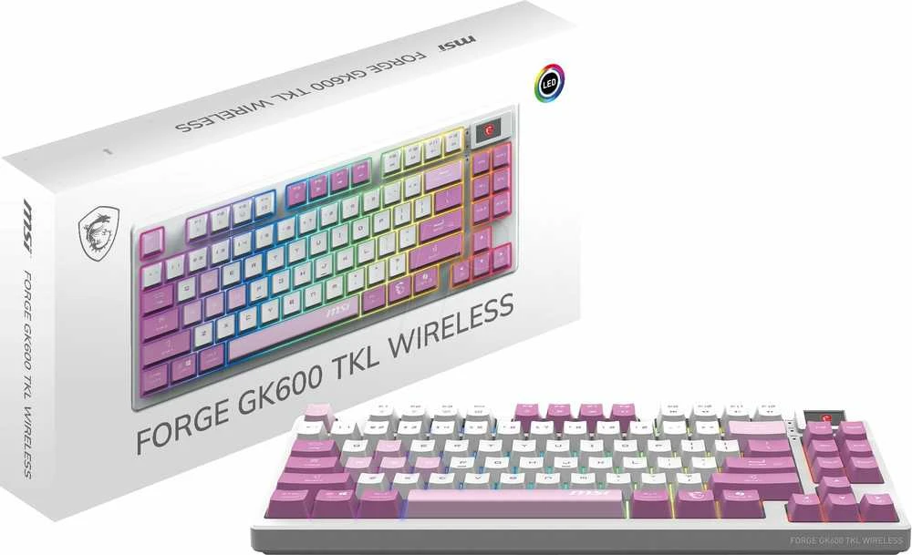 MSI FORGE GK600 TKL WIRELESS VIOLET klaviatūra Žaidimams USB + Bluetooth QWERTY Ispanas Rožinė, Violetinė, Balta