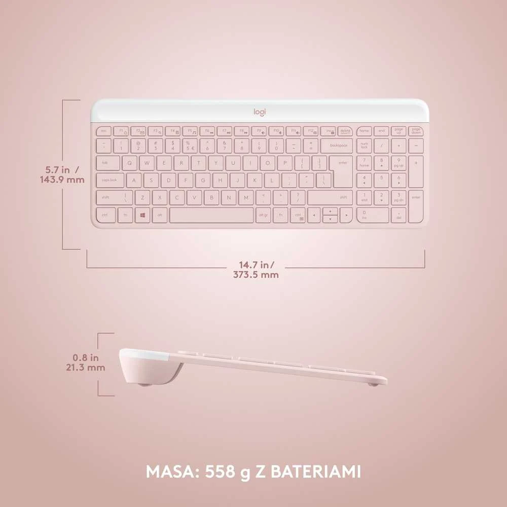 Logitech Plona belaidė klaviatūra ir pelė MK470 Slim Wireless Combo, Rožinės spalvos, "US International" (Qwerty)