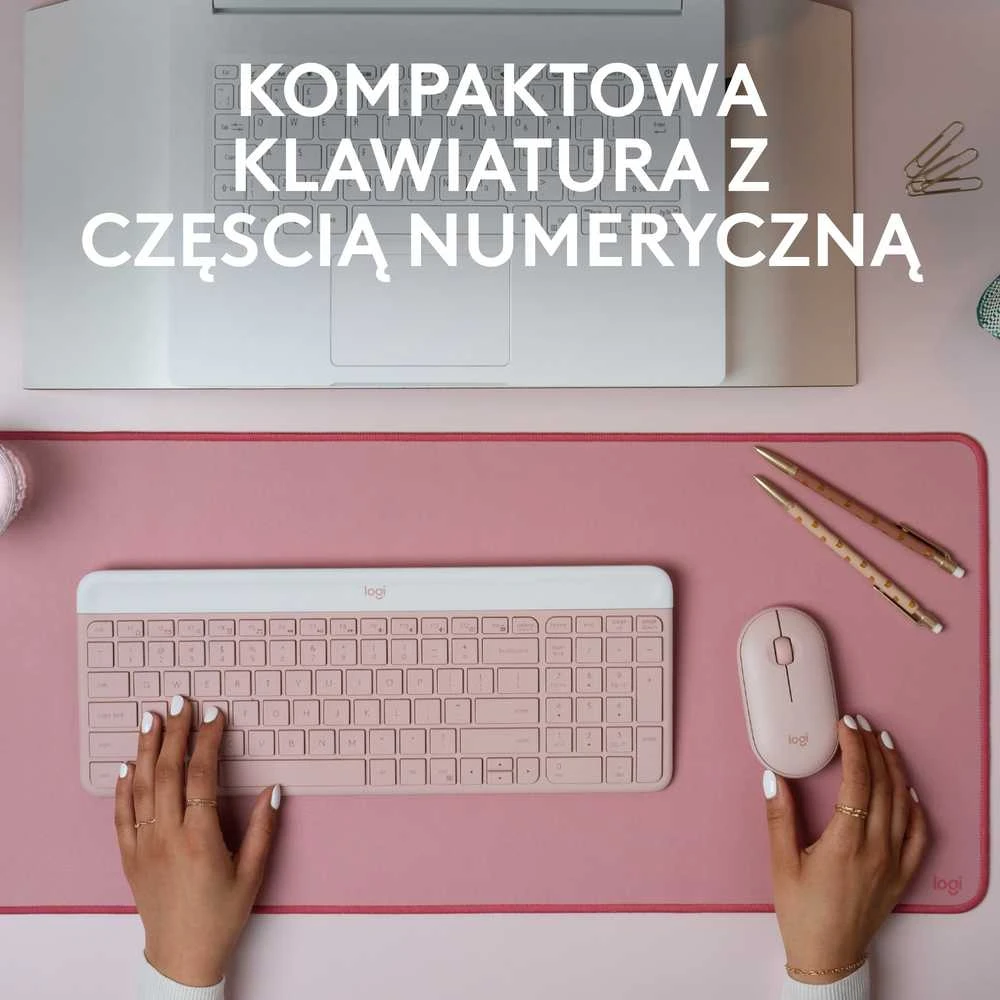 Logitech Plona belaidė klaviatūra ir pelė MK470 Slim Wireless Combo, Rožinės spalvos, "US International" (Qwerty)