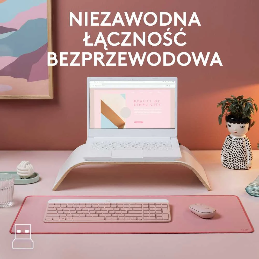 Logitech Plona belaidė klaviatūra ir pelė MK470 Slim Wireless Combo, Rožinės spalvos, "US International" (Qwerty)