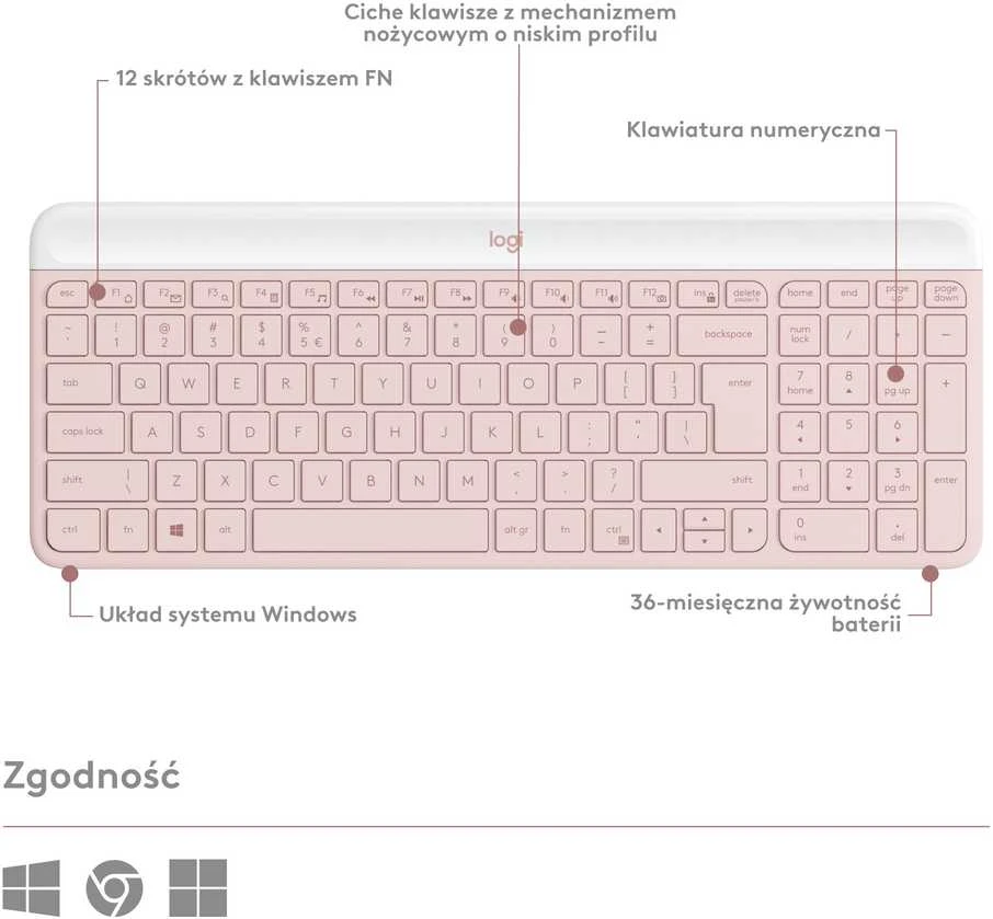Logitech Plona belaidė klaviatūra ir pelė MK470 Slim Wireless Combo, Rožinės spalvos, "US International" (Qwerty)