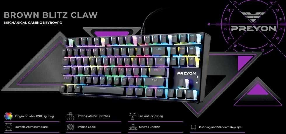 PREYON Brown Blitz Claw TKL laidinė mechaninė klaviatūra (US, Gateron Brown)