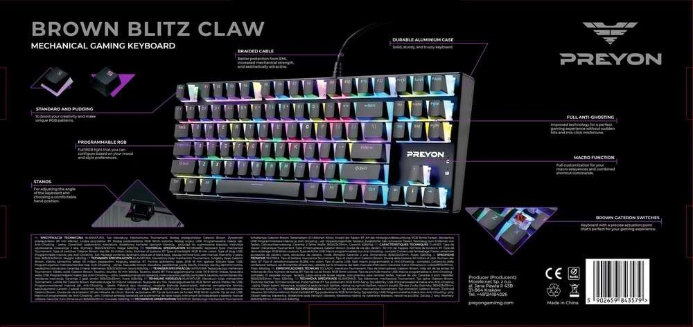 PREYON Brown Blitz Claw TKL laidinė mechaninė klaviatūra (US, Gateron Brown)