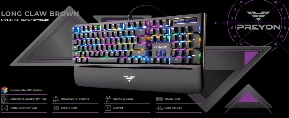 PREYON Long Claw Brown laidinė mechaninė klaviatūra (US, Gateron Brown)