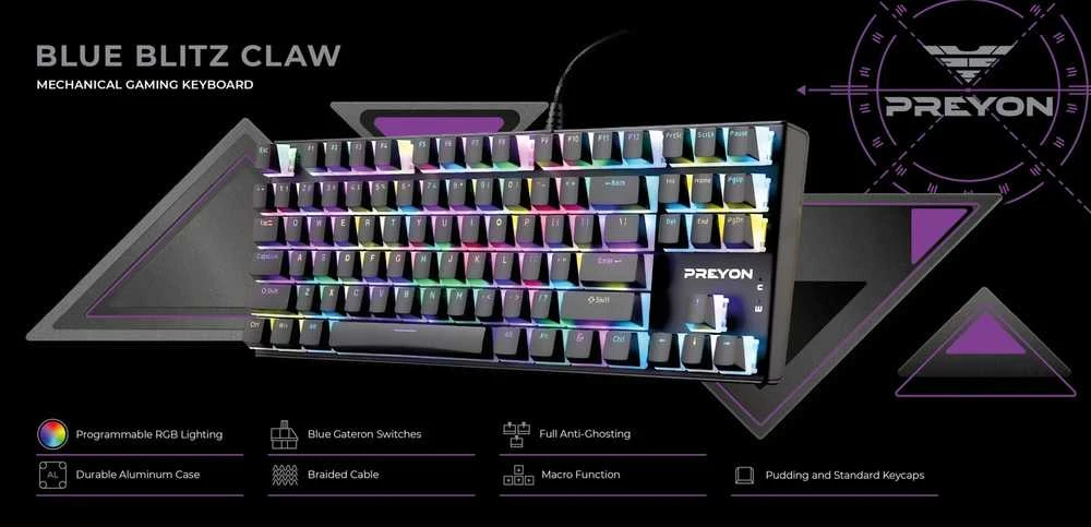 PREYON Mėlyna Blitz Claw TKL laidinė mechaninė klaviatūra (US, Gateron Mėlyna)