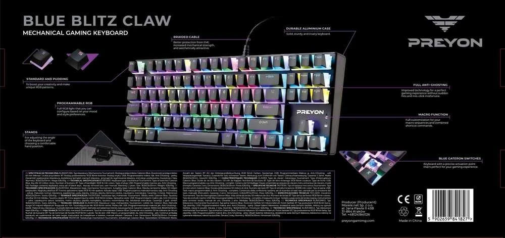 PREYON Mėlyna Blitz Claw TKL laidinė mechaninė klaviatūra (US, Gateron Mėlyna)