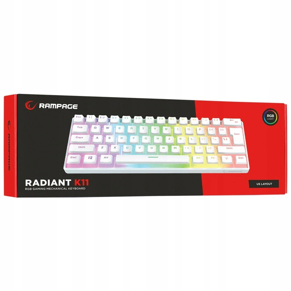 Mėlyna Klaviatūra žaidimams Rampage Radiant K11 60% RGB Mėlyna Switch su laidu mechaninė podświetlanabiała