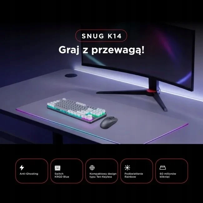 Mėlyna Klaviatūra žaidimams Rampage Snug Mėlyna su laidu mechaninė su pašvietimu balta ir-pilka