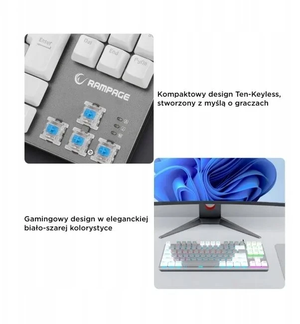 Mėlyna Klaviatūra žaidimams Rampage Snug Mėlyna su laidu mechaninė su pašvietimu balta ir-pilka