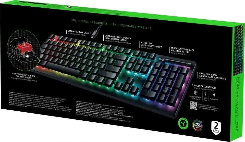 Razer | Klaviatūra žaidimams | Deathstalker V2 Pro | Klaviatūra žaidimams | Wireless | Bluetooth | RGB LED pašvietimas | Belaidė jungtis | US | Optical Switch | Juodas