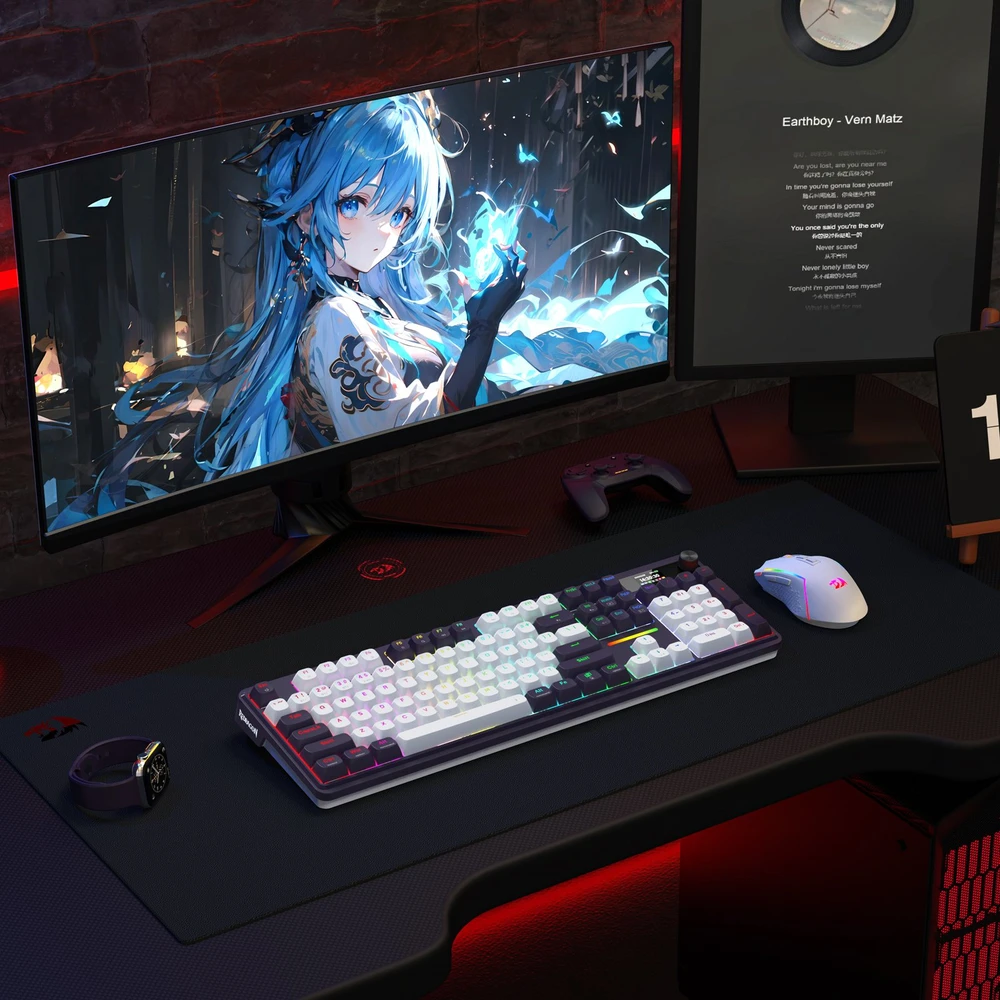 Klaviatūra žaidimams Redragon Terraflare Pro Manbo Linear Switch belaidė mechaninė su pašvietimu balta ir-juoda