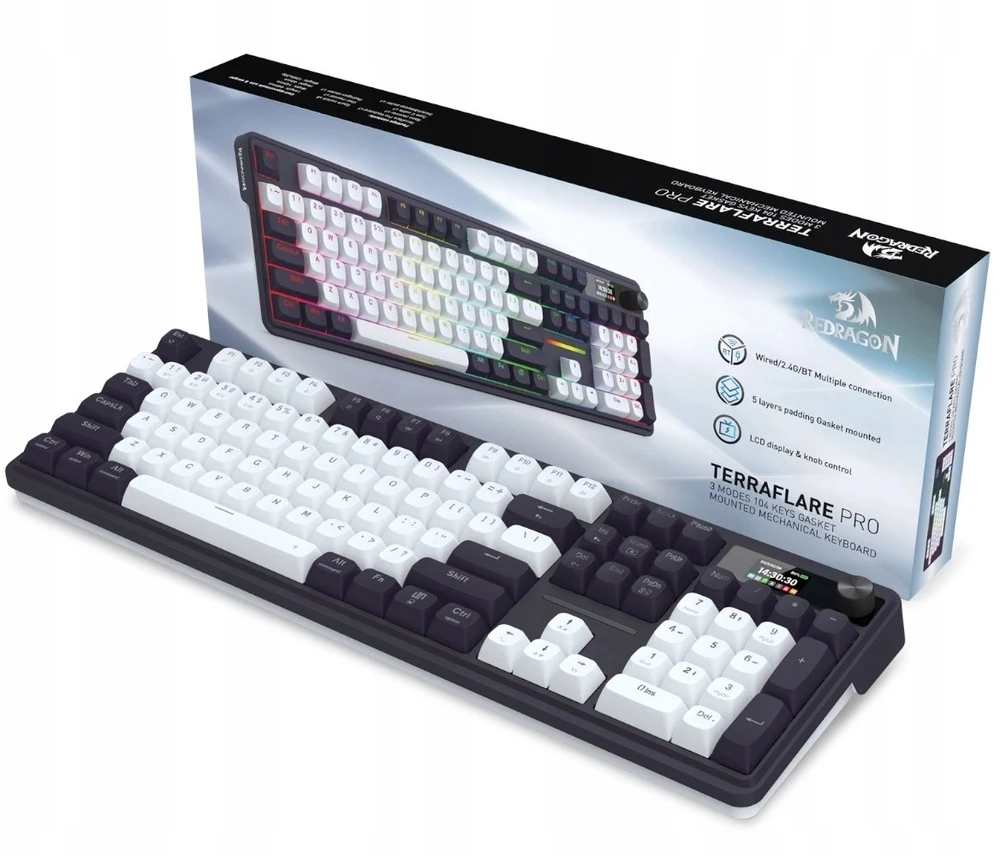 Klaviatūra žaidimams Redragon Terraflare Pro Manbo Linear Switch belaidė mechaninė su pašvietimu balta ir-juoda