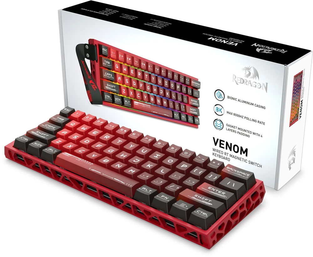 Klaviatūra žaidimams Redragon Venom Redragon Next-GEN UltraMag su laidu magnetyczna su pašvietimu raudona