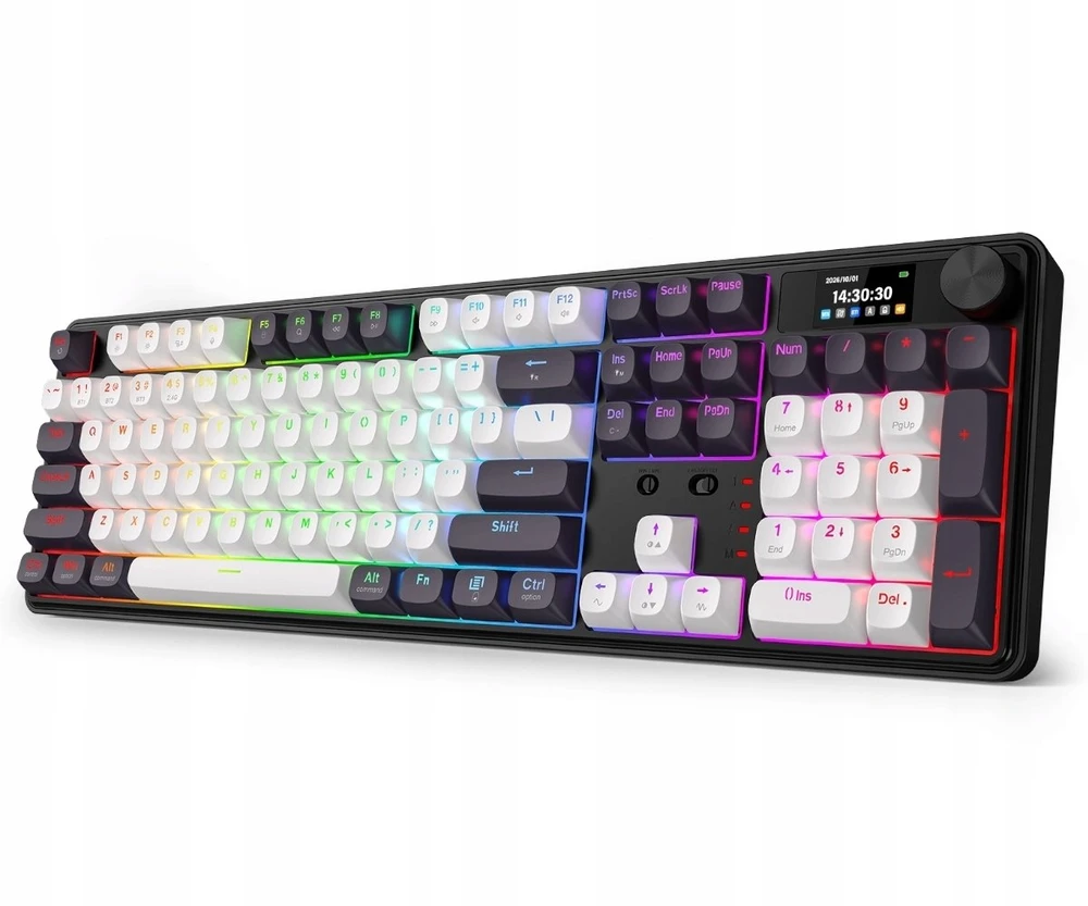 Klaviatūra žaidimams Redragon Wyvern LCD PRO K761WB-RGB-PRO Manbo Linear Switch belaidė mechaninė su pašvietimu balta ir-juoda