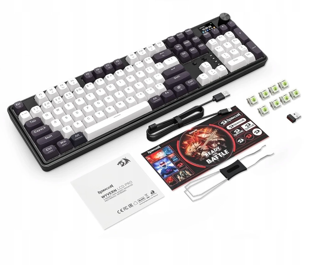 Klaviatūra žaidimams Redragon Wyvern LCD PRO K761WB-RGB-PRO Manbo Linear Switch belaidė mechaninė su pašvietimu balta ir-juoda