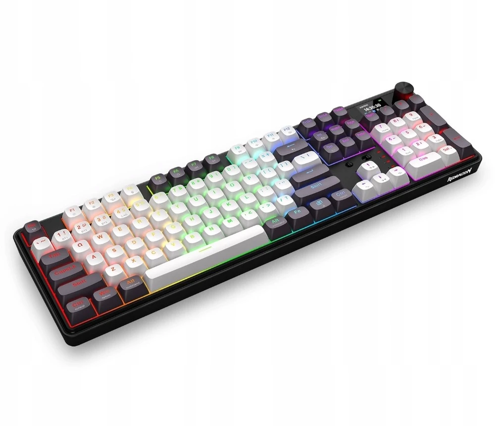 Klaviatūra žaidimams Redragon Wyvern LCD PRO K761WB-RGB-PRO Manbo Linear Switch belaidė mechaninė su pašvietimu balta ir-juoda