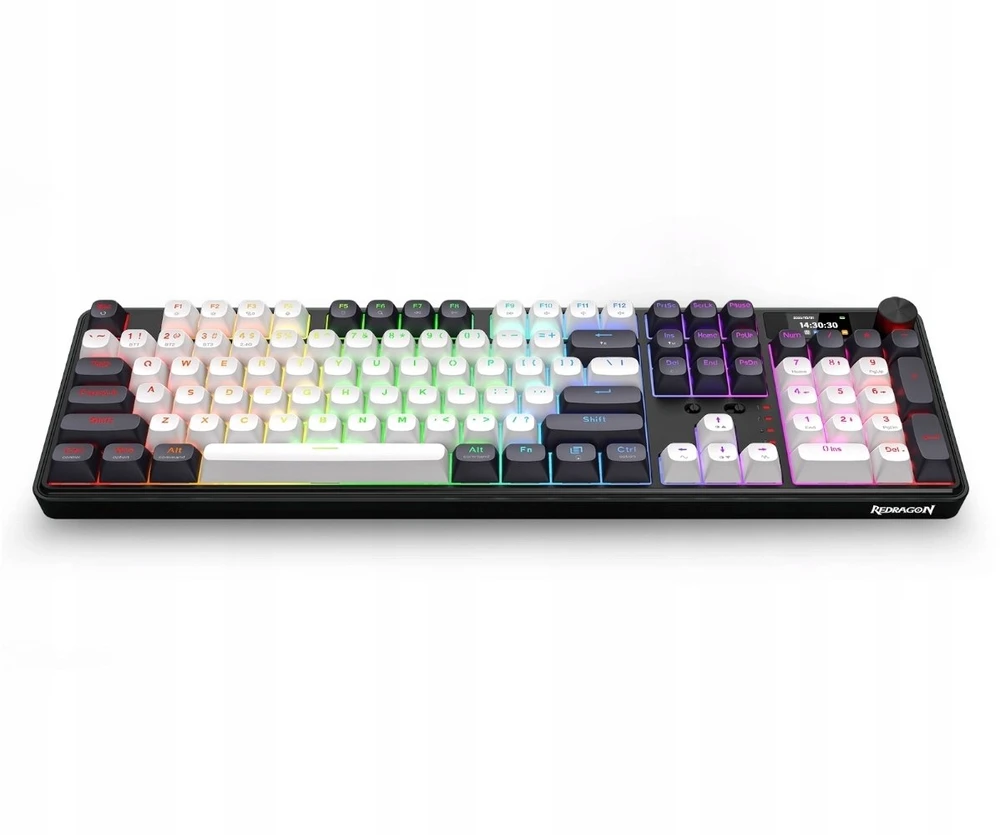 Klaviatūra žaidimams Redragon Wyvern LCD PRO K761WB-RGB-PRO Manbo Linear Switch belaidė mechaninė su pašvietimu balta ir-juoda