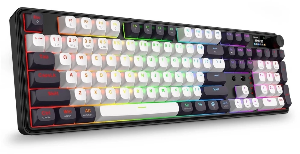 Klaviatūra žaidimams Redragon Wyvern LCD PRO K761WB-RGB-PRO Manbo Linear Switch belaidė mechaninė su pašvietimu balta ir-juoda