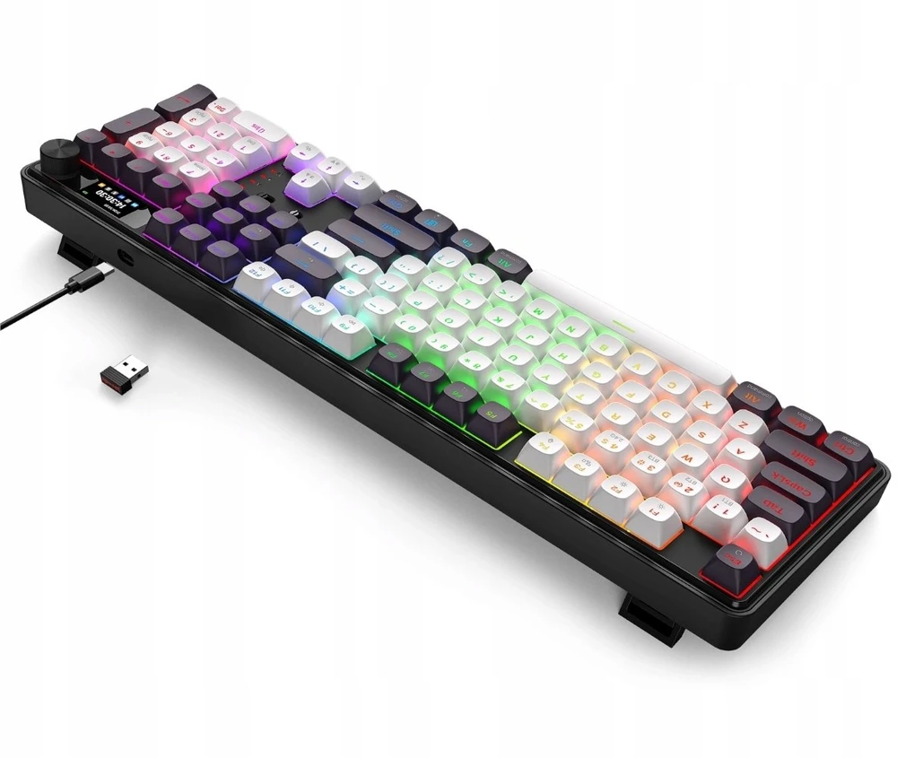 Klaviatūra žaidimams Redragon Wyvern LCD PRO K761WB-RGB-PRO Manbo Linear Switch belaidė mechaninė su pašvietimu balta ir-juoda