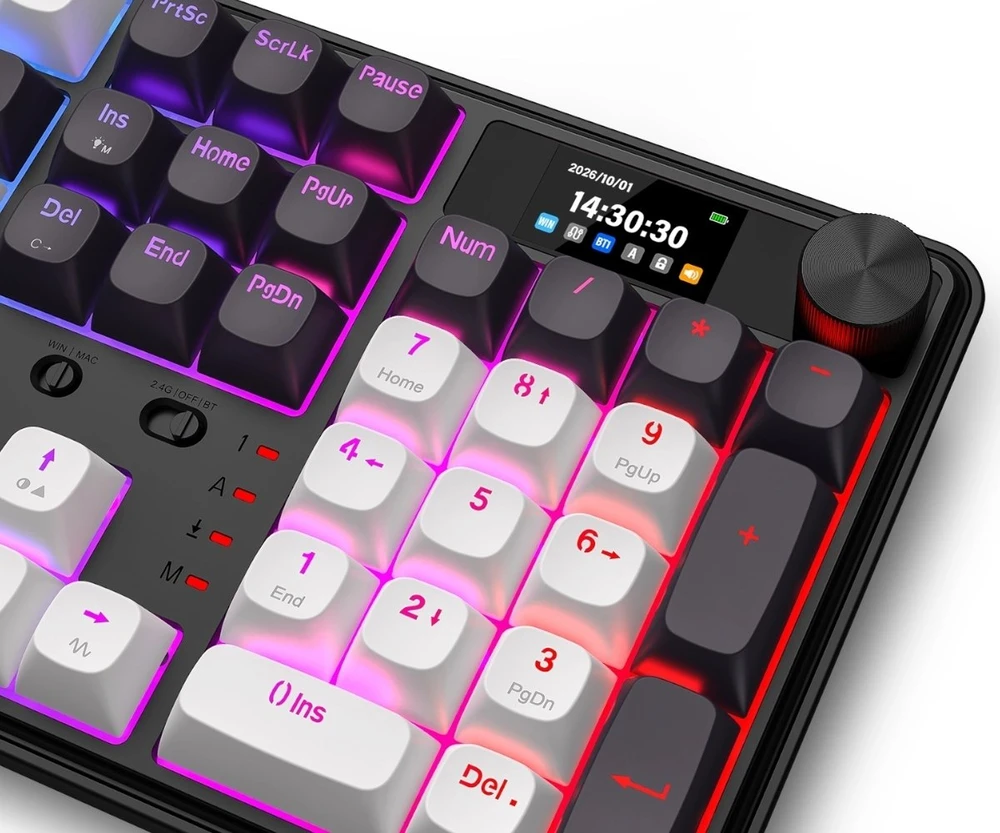 Klaviatūra žaidimams Redragon Wyvern LCD PRO K761WB-RGB-PRO Manbo Linear Switch belaidė mechaninė su pašvietimu balta ir-juoda