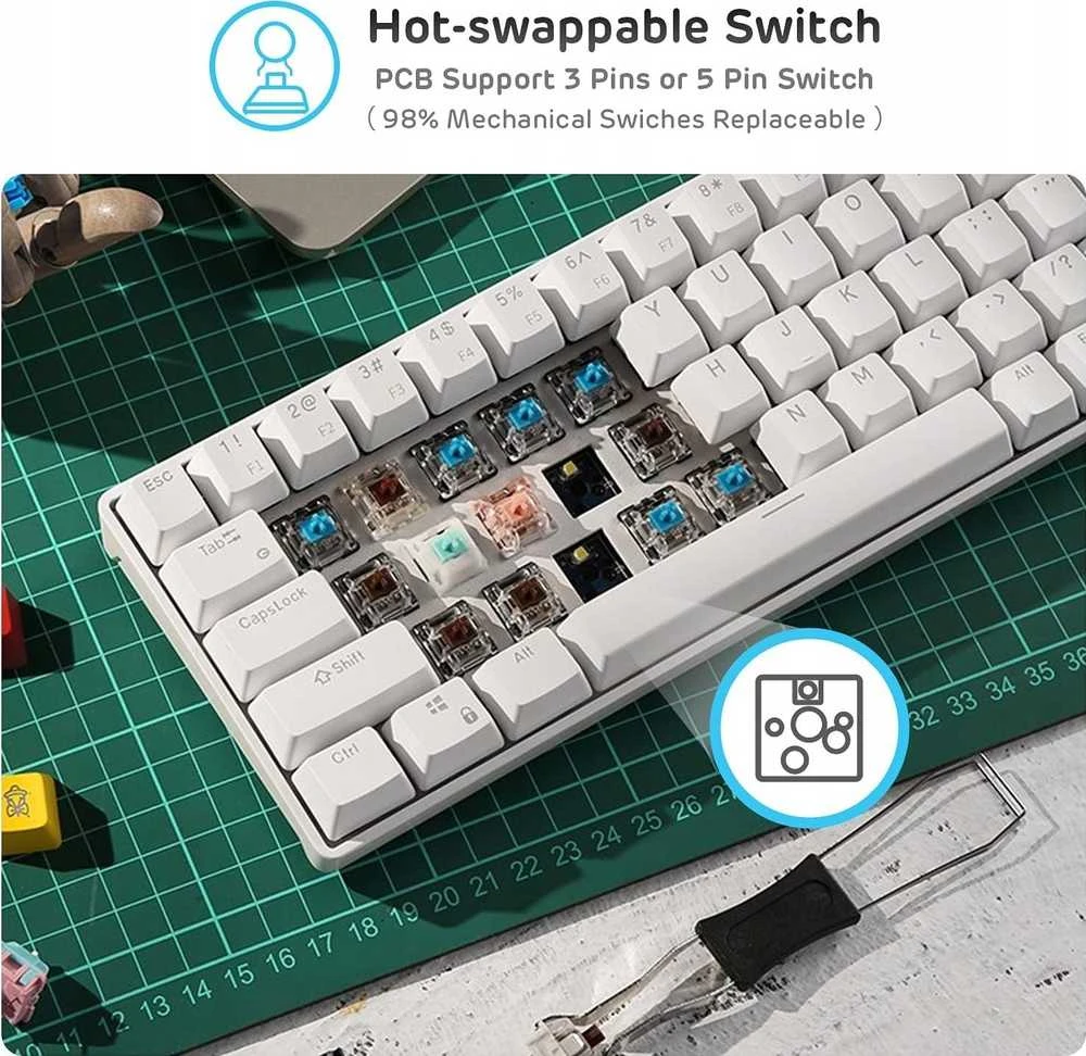Royal Kludge RK61 klaviatūra | 60%, Hot-swap, Raudona Switches, US, balta
