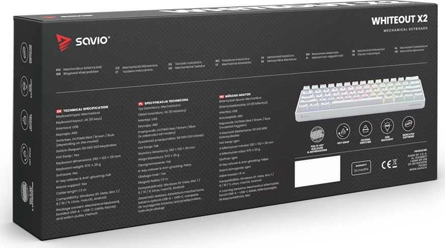 Klaviatūra žaidimams Savio Whiteout X2 Outemu Brown su laidu mechaninė su pašvietimu balta