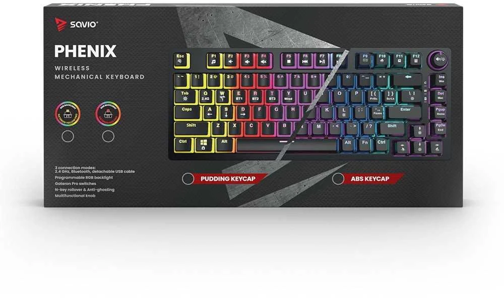 Klaviatūra žaidimams Savio Phenix Gateron Raudona Pro Pudding belaidė mechaninė su pašvietimu juoda