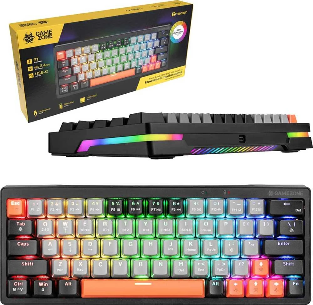 Klaviatūra žaidimams Tracer GameZone Evo1 Hot Swap TNT Linear Switches belaidė mechaninė su pašvietimu pilka