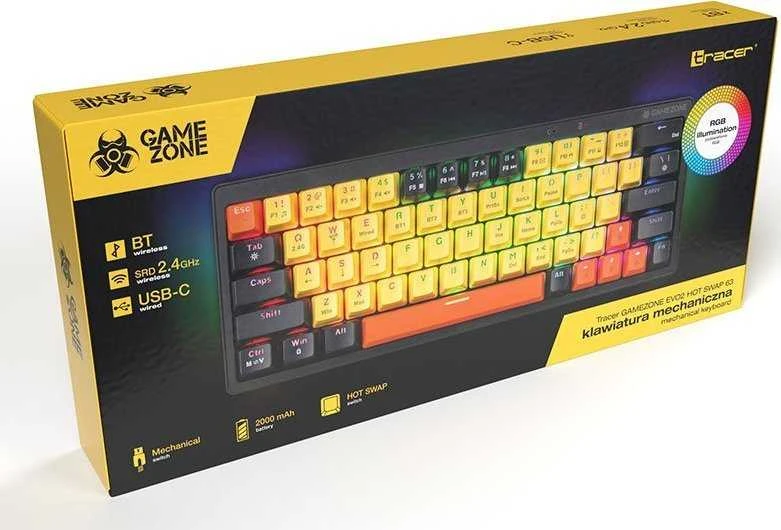 Klaviatūra žaidimams Tracer GameZone Evo1 Hot Swap TNT Linear Switches belaidė mechaninė su pašvietimu geltona