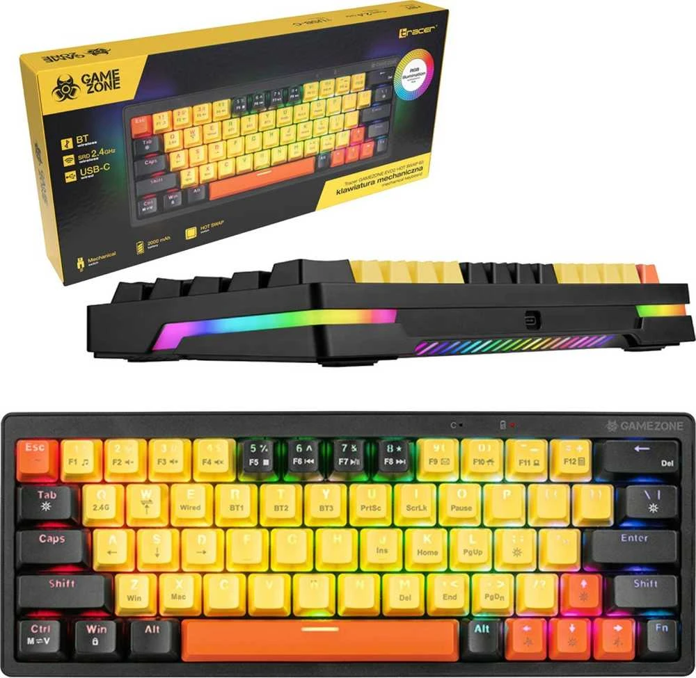 Klaviatūra žaidimams Tracer GameZone Evo1 Hot Swap TNT Linear Switches belaidė mechaninė su pašvietimu geltona