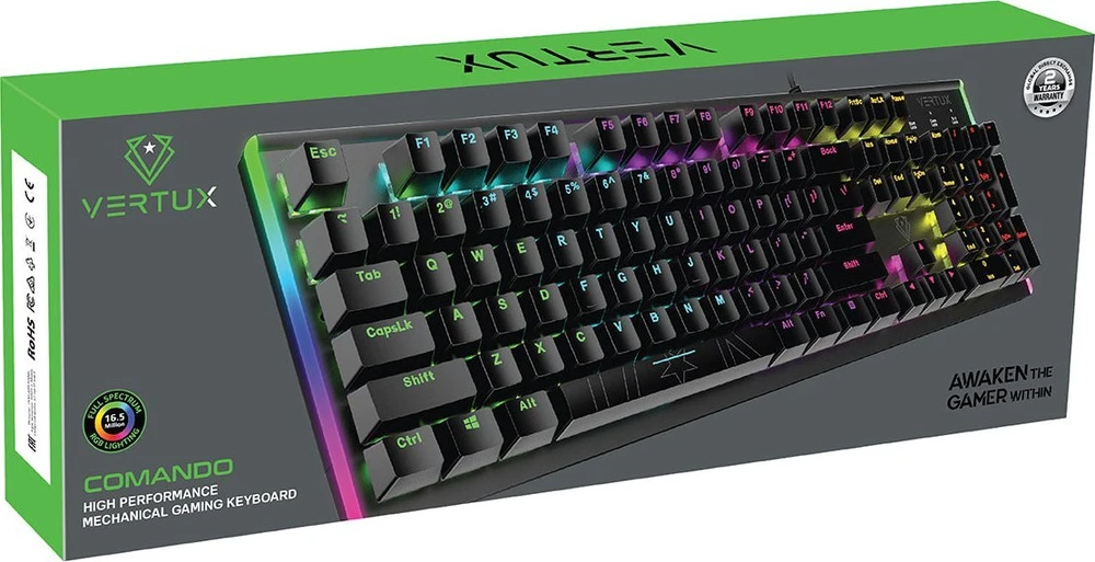 Klaviatūra Vertux Vertux Mechaninė klaviatūra anti-ghosting Mechaninė COMANDO QWERTY RGB