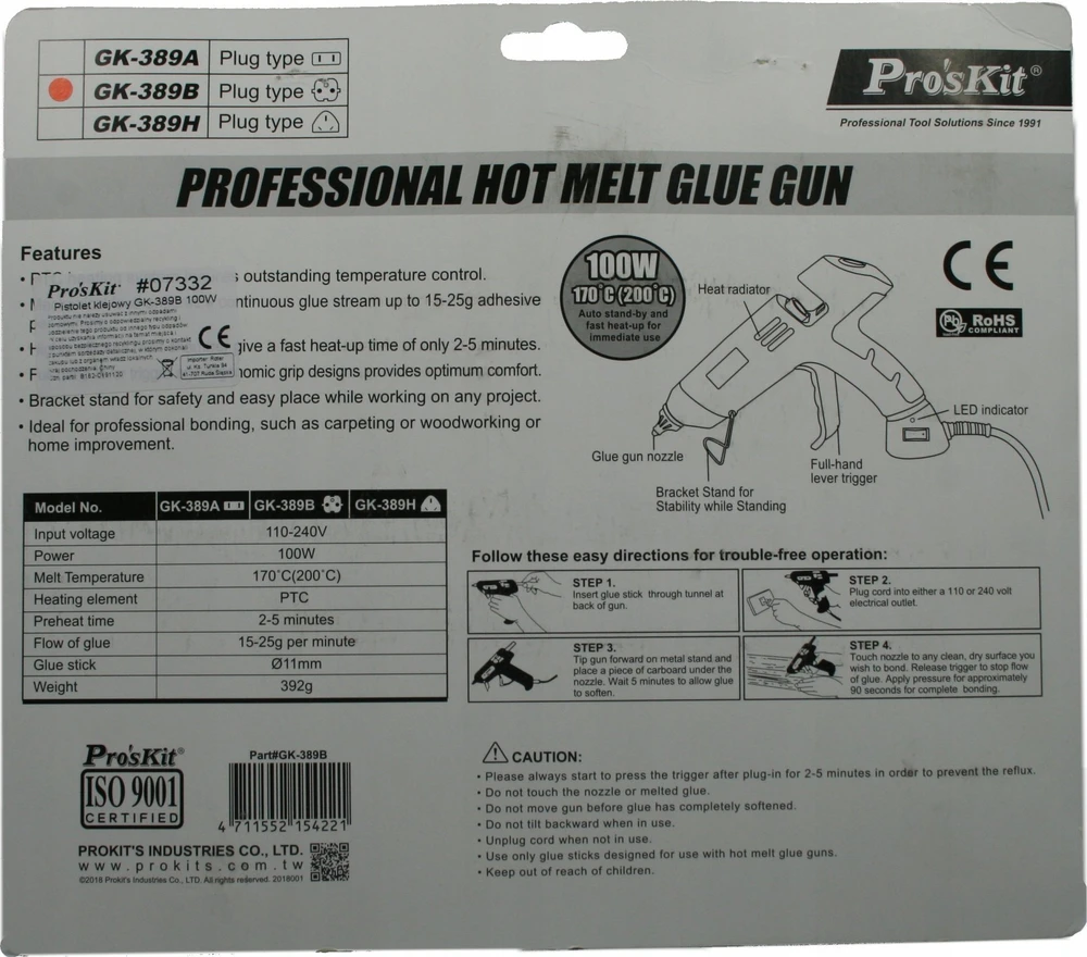Karštų klijų pistoletas Ø11mm klijų lazdelėms 100W 170 (200)°C, GK-389B Pro'sKit