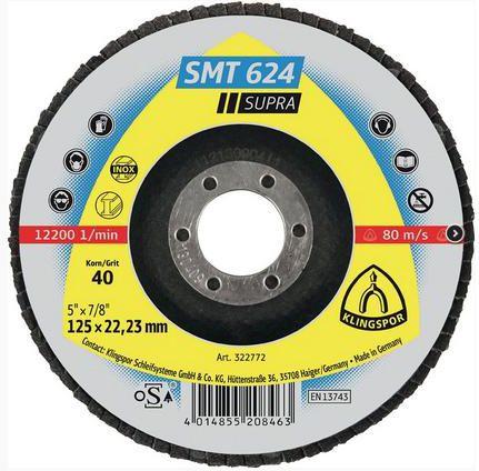 KLINGSPOR FLAP RATAS NERŪDIJANČIO PLIENO IŠGŪBĖS 125mm P 60 SMT624 SUPRA IŠGŪBĖS 10 + 2vnt.