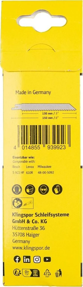 Klingspor KLINGSPOR BRZESZCZOT DO PIŁY SZABLASTEJ 150x19x0,9mm RS 903 AF /5szt.