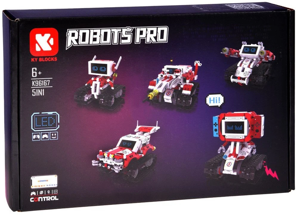 Jokomisiada techniniai statybiniai blokai „Robots Pro 5 viename“ rinkinys su nuotolinio valdymo pultu ir LED ekranu RC0741