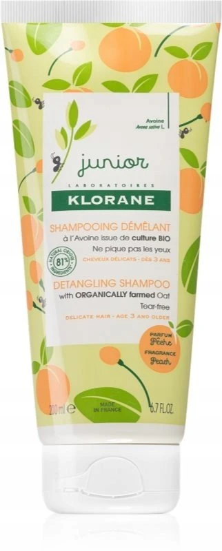 Klorane Junior Detangling Šampūnas Peach plaukų iššukavimą lengvinantis šampūnas vaikams, 200 ml