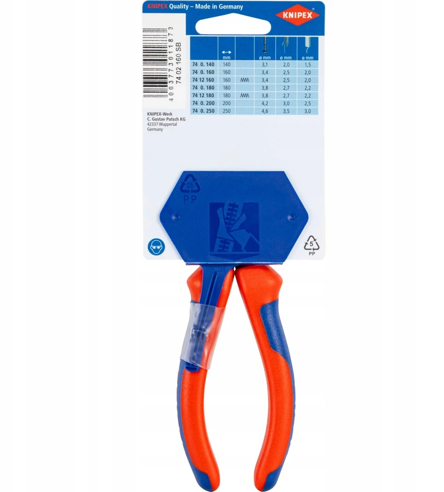 Knipex Knipex 74 02 160, Įstrižinės replės, 2 mm, Plienas, Plastikas, Mėlyna, Raudona, 57 mm