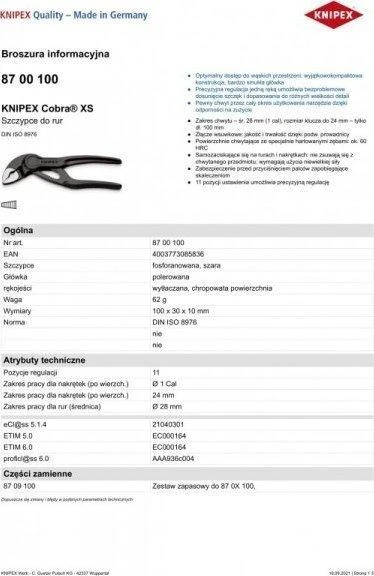 Vamzdinės replės KNIPEX Cobra XS 8700 100mm