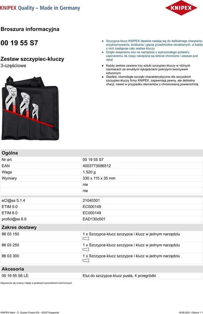 Replių komplektas Knipex 001955S7; 3 vnt.