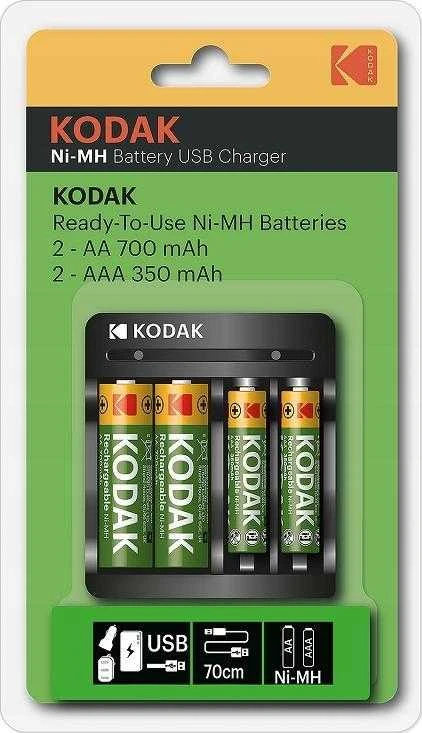 Ładowarka Įkroviklis „Kodak“ USB įkroviklis, 2xAA ir 2xAAA + 2 vnt. AA 700mAh įkraunamų baterijų ir 2 vnt. AAA 350mAh įkraunamų baterijų