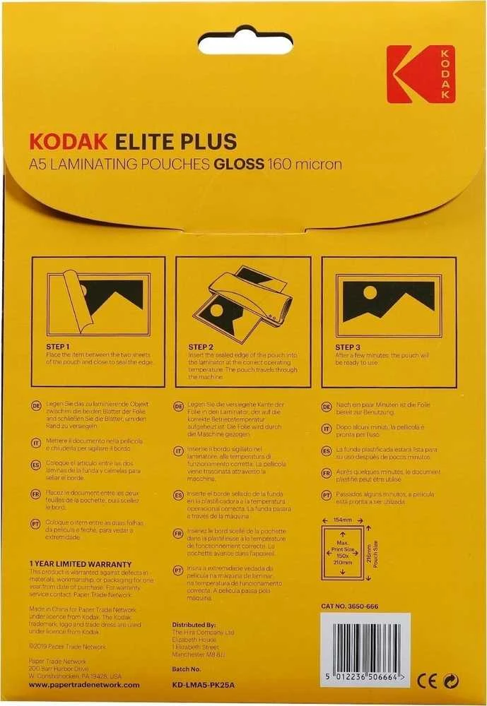 Kodak Laminuojanti folija Laminavimui Kodak 25 vienetai A5 21x15 Cm / 160 Microns / Cat 3650- 666