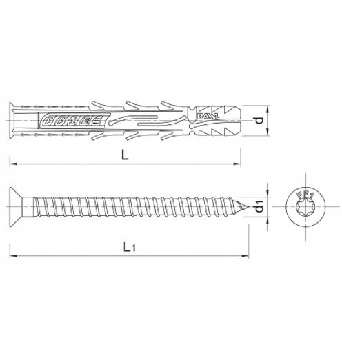 Koelner/Rawlplug Nailoninis kaištis su varžtu RawlPlug R-FF1-N-08L160; 7,8x160 mm; 5,8x167 mm; T30; 50 vnt.