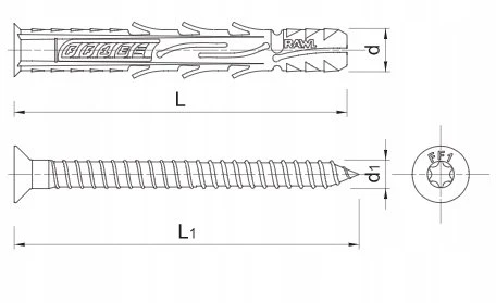 Nailoninis kaištis su varžtu RawlPlug R-FF1-N-08L140; 7,8x140 mm; 5,8x147 mm; T30; 50 vnt.