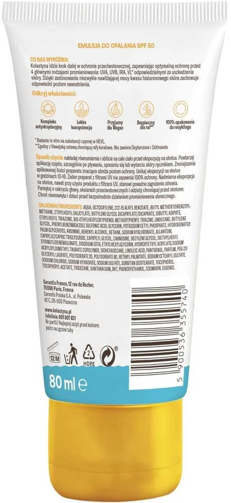Kolastyna KOLASTYNA Apsauga ir drėkinimas Įdegimo emulsija SPF50+ 80 ml